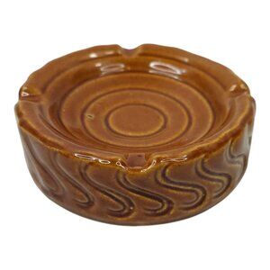 Golden Brown Ceramic Ashtray 5.25" Vintage MCM Round Dish Swirl Wood Pattern